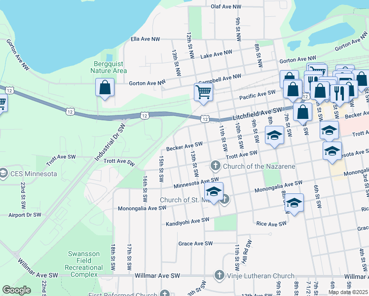 map of restaurants, bars, coffee shops, grocery stores, and more near 401 Highland Road in Willmar