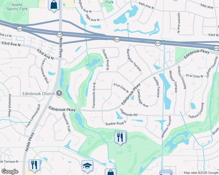 map of restaurants, bars, coffee shops, grocery stores, and more near 3700 90th Crescent North in Minneapolis