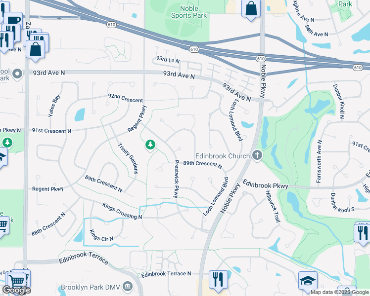map of restaurants, bars, coffee shops, grocery stores, and more near 8921 Prestwick Circle North in Minneapolis