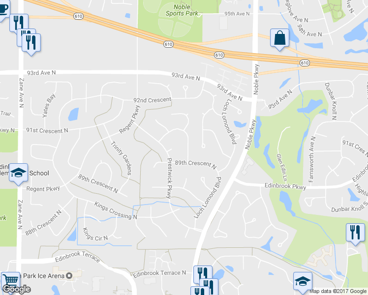 map of restaurants, bars, coffee shops, grocery stores, and more near 8921 Prestwick Circle North in Minneapolis