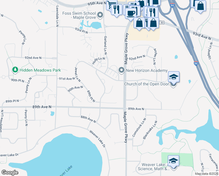 map of restaurants, bars, coffee shops, grocery stores, and more near 16884 90th Court North in Osseo