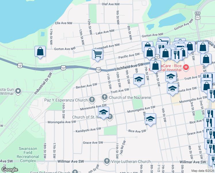 map of restaurants, bars, coffee shops, grocery stores, and more near 410 11th Street Southwest in Willmar