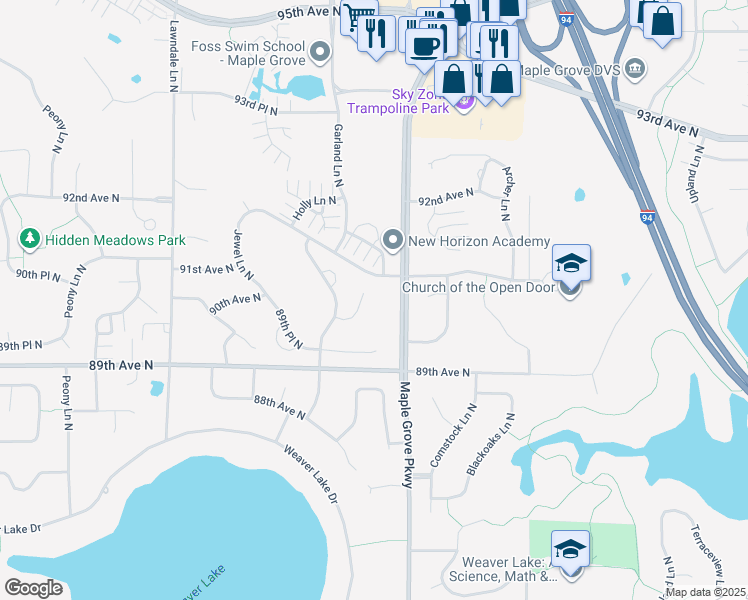 map of restaurants, bars, coffee shops, grocery stores, and more near 16875 90th Court North in Osseo