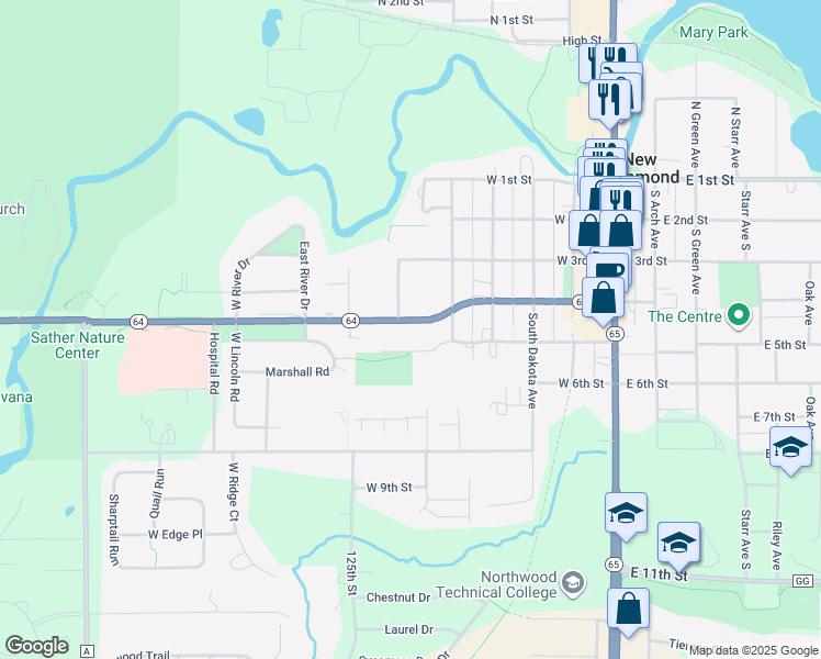 map of restaurants, bars, coffee shops, grocery stores, and more near 560 West Fourth Street in New Richmond