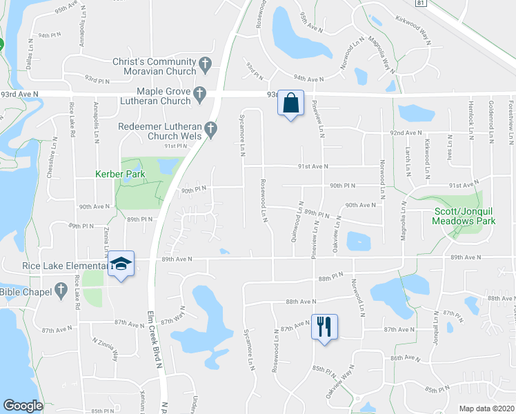 map of restaurants, bars, coffee shops, grocery stores, and more near 9015 Rosewood Lane North in Maple Grove