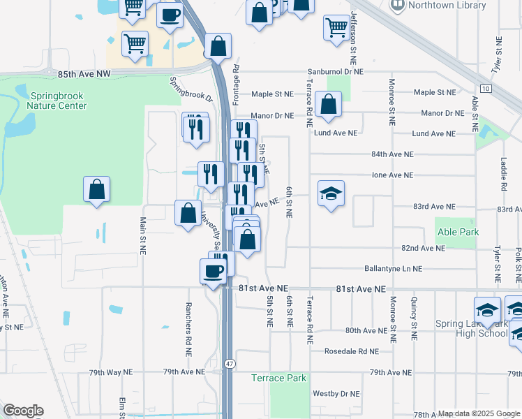 map of restaurants, bars, coffee shops, grocery stores, and more near 400 83rd Avenue Northeast in Minneapolis