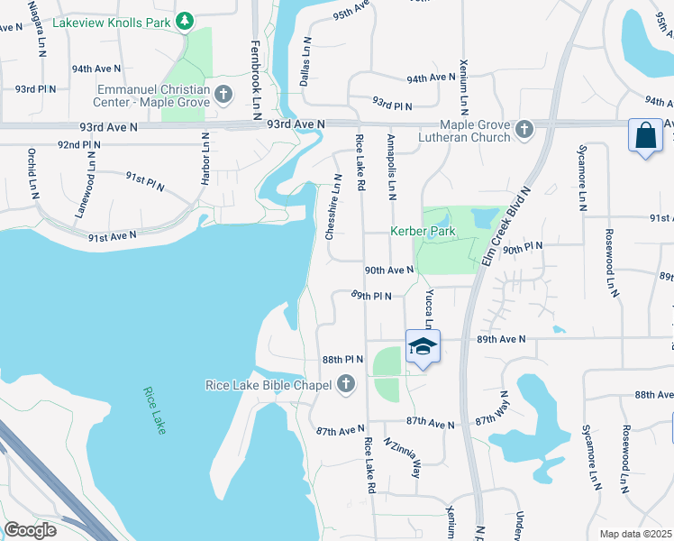map of restaurants, bars, coffee shops, grocery stores, and more near 13945 90th Place North in Maple Grove