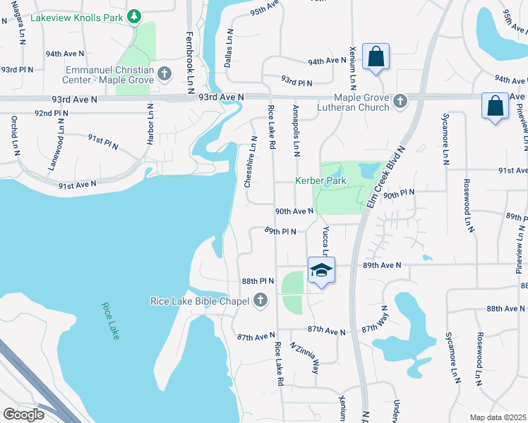 map of restaurants, bars, coffee shops, grocery stores, and more near 13945 90th Place North in Maple Grove