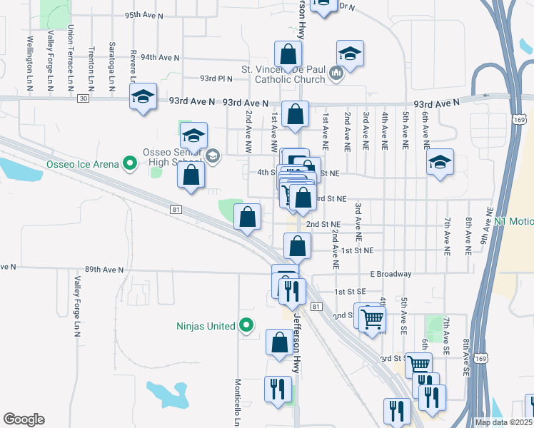 map of restaurants, bars, coffee shops, grocery stores, and more near 33 2nd Street Northwest in Osseo