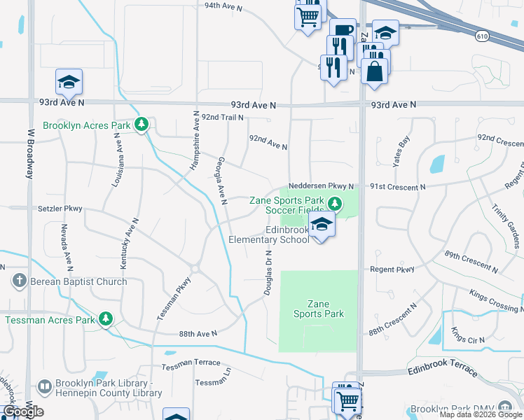 map of restaurants, bars, coffee shops, grocery stores, and more near 6401 Neddersen Parkway North in Minneapolis