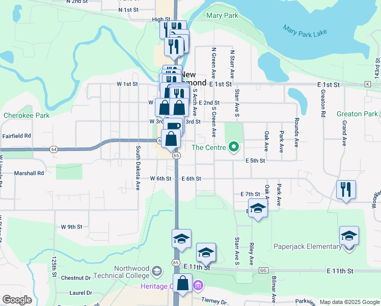 map of restaurants, bars, coffee shops, grocery stores, and more near 439 South Arch Avenue in New Richmond