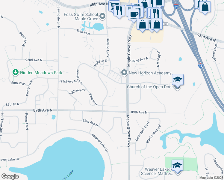 map of restaurants, bars, coffee shops, grocery stores, and more near 16884 90th Court North in Osseo