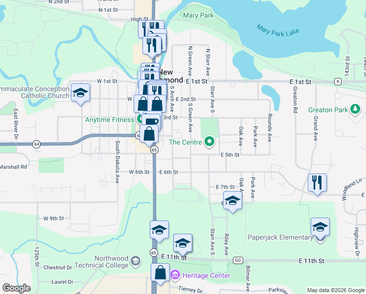 map of restaurants, bars, coffee shops, grocery stores, and more near 421 South Green Avenue in New Richmond