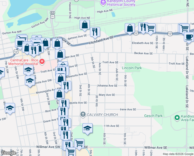 map of restaurants, bars, coffee shops, grocery stores, and more near 620 Ann Street Southeast in Willmar