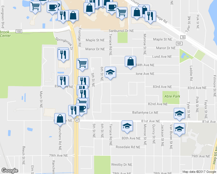 map of restaurants, bars, coffee shops, grocery stores, and more near 8270 Terrace Road Northeast in Minneapolis
