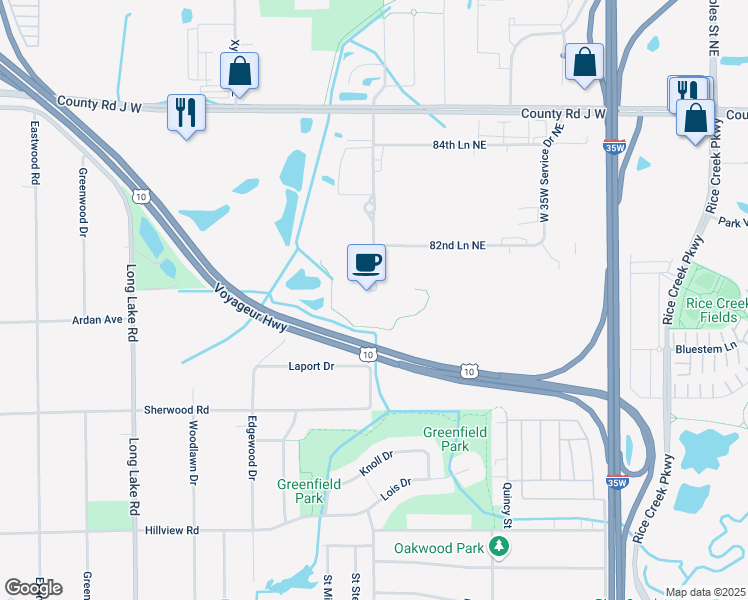 map of restaurants, bars, coffee shops, grocery stores, and more near 8200 Coral Sea Street Northeast in Mounds View
