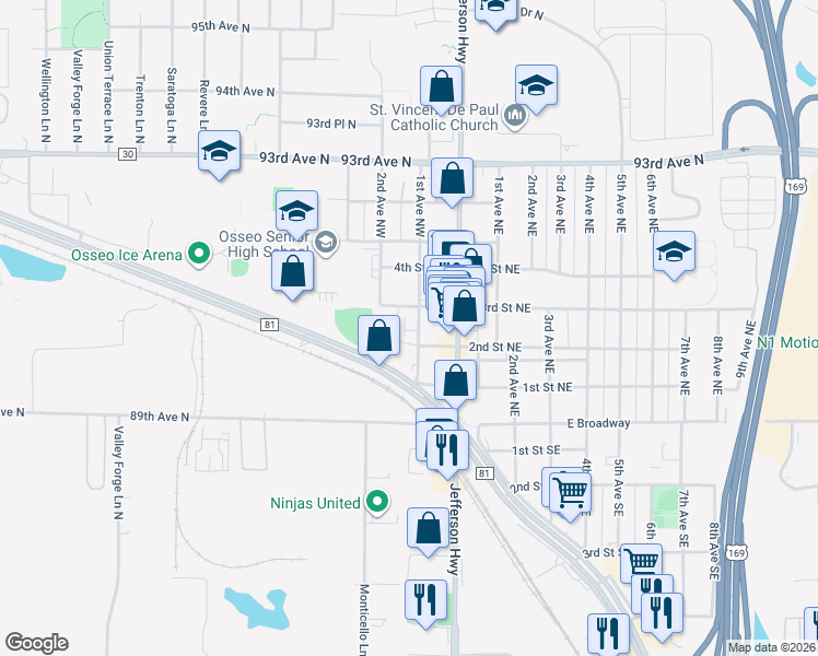 map of restaurants, bars, coffee shops, grocery stores, and more near 33 2nd Street Northwest in Osseo