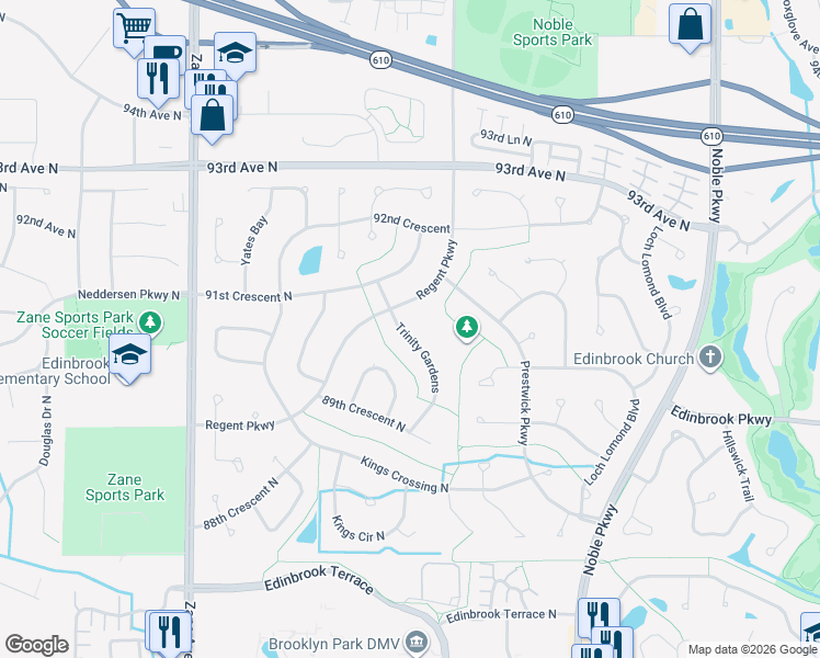 map of restaurants, bars, coffee shops, grocery stores, and more near 9024 Trinity Gardens in Minneapolis