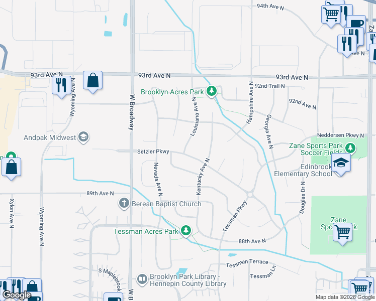 map of restaurants, bars, coffee shops, grocery stores, and more near 9100 Louisiana Avenue North in Minneapolis
