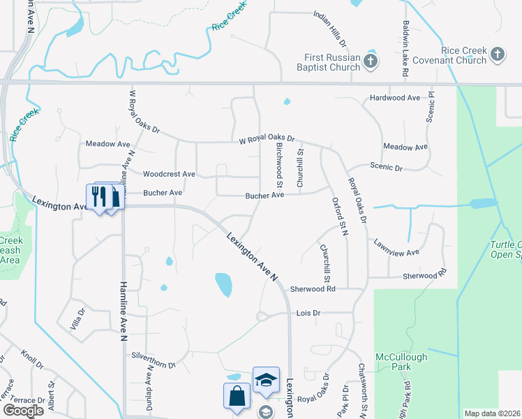 map of restaurants, bars, coffee shops, grocery stores, and more near 5878 Fernwood Street in Shoreview