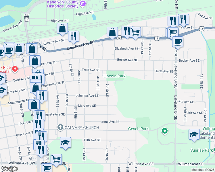 map of restaurants, bars, coffee shops, grocery stores, and more near 633 9th Street Southeast in Willmar