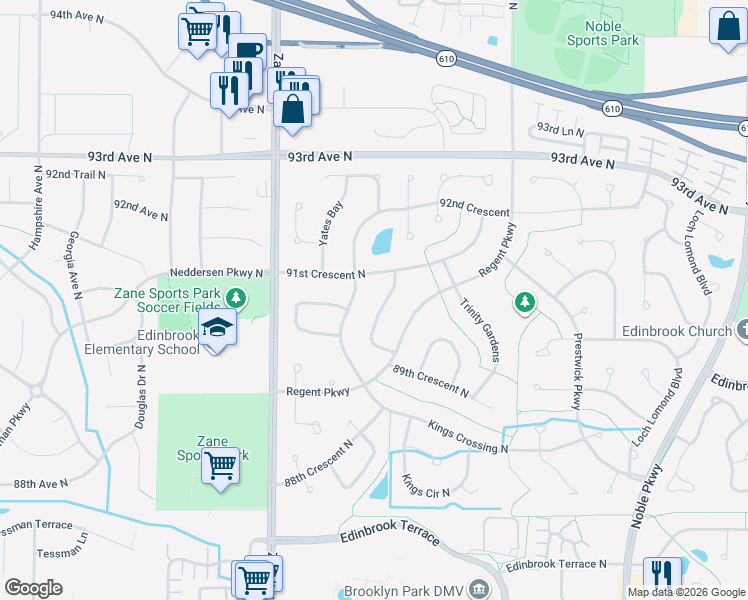 map of restaurants, bars, coffee shops, grocery stores, and more near 9013 Victoria Gardens in Minneapolis
