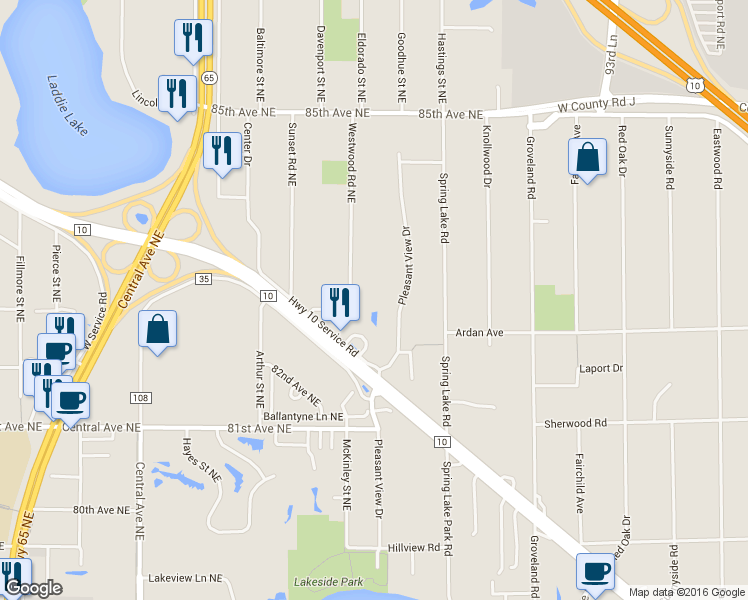 map of restaurants, bars, coffee shops, grocery stores, and more near 8303 Westwood Road Northeast in Minneapolis