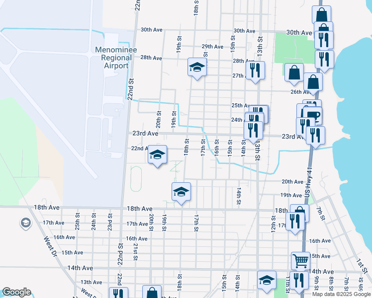 map of restaurants, bars, coffee shops, grocery stores, and more near 22nd Avenue in Menominee