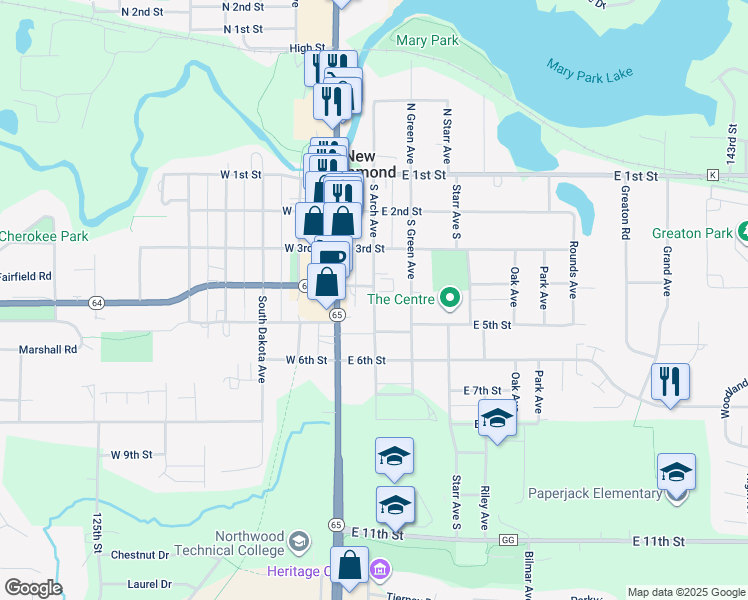 map of restaurants, bars, coffee shops, grocery stores, and more near 439 South Arch Avenue in New Richmond