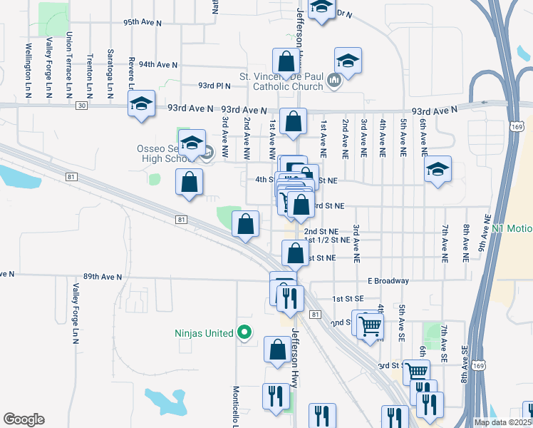 map of restaurants, bars, coffee shops, grocery stores, and more near 33 2nd Street Northwest in Osseo