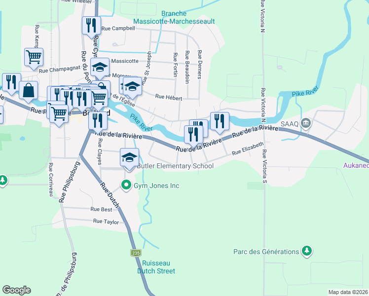 map of restaurants, bars, coffee shops, grocery stores, and more near 110 Rue de la Rivière in Bedford