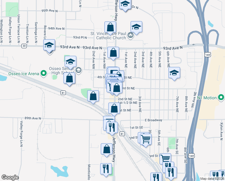 map of restaurants, bars, coffee shops, grocery stores, and more near 212 Central Avenue in Osseo