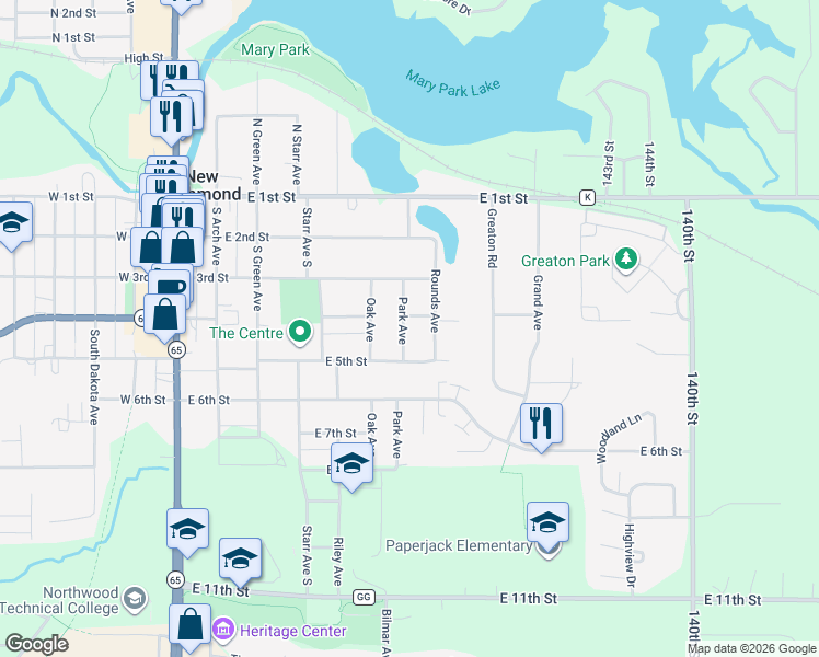 map of restaurants, bars, coffee shops, grocery stores, and more near 641 East 5th Street in New Richmond