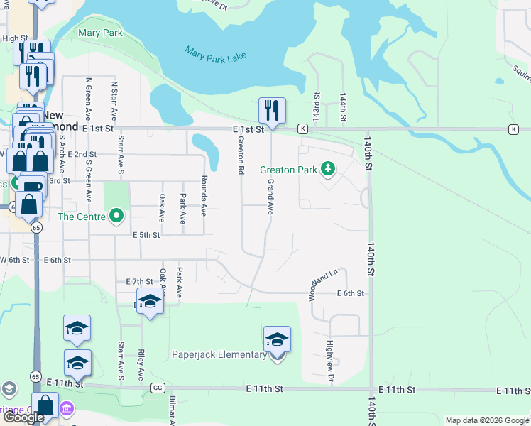 map of restaurants, bars, coffee shops, grocery stores, and more near 444 Grand Avenue in New Richmond