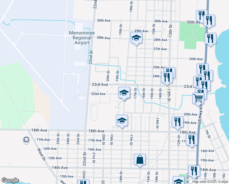 map of restaurants, bars, coffee shops, grocery stores, and more near 22nd Avenue in Menominee