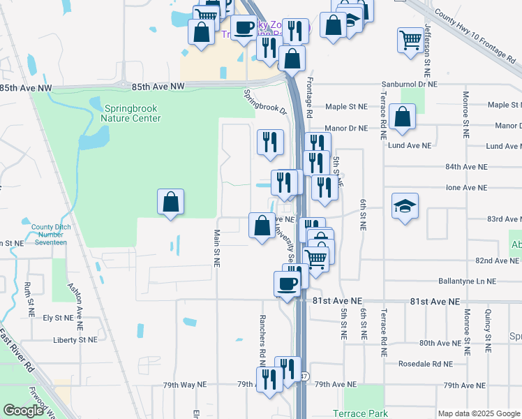 map of restaurants, bars, coffee shops, grocery stores, and more near 8298 University Avenue Northeast in Fridley