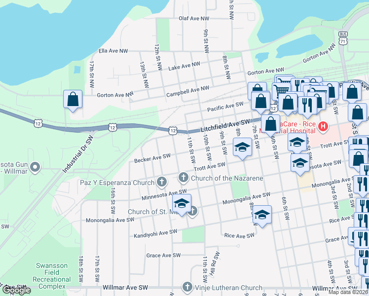 map of restaurants, bars, coffee shops, grocery stores, and more near 410 11th Street Southwest in Willmar