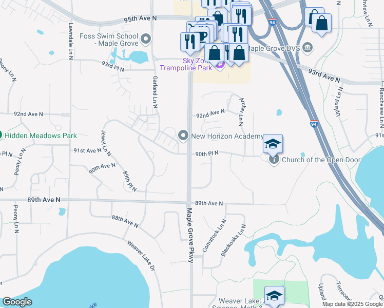 map of restaurants, bars, coffee shops, grocery stores, and more near 90th Place North in Maple Grove