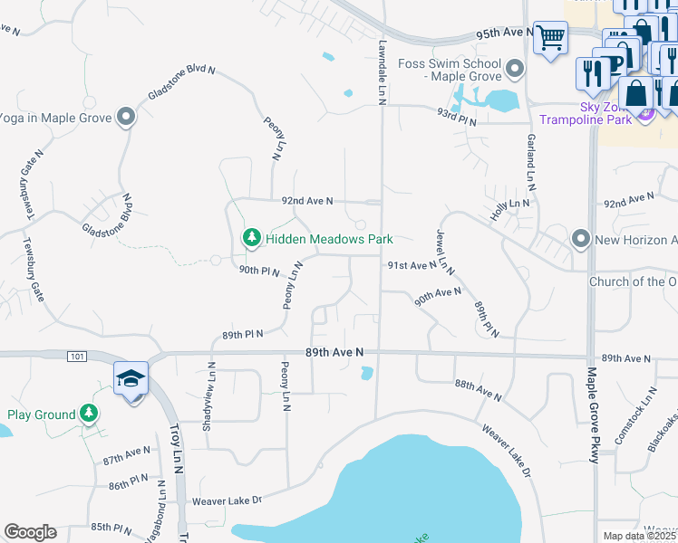 map of restaurants, bars, coffee shops, grocery stores, and more near 17642 91st Avenue North in Osseo