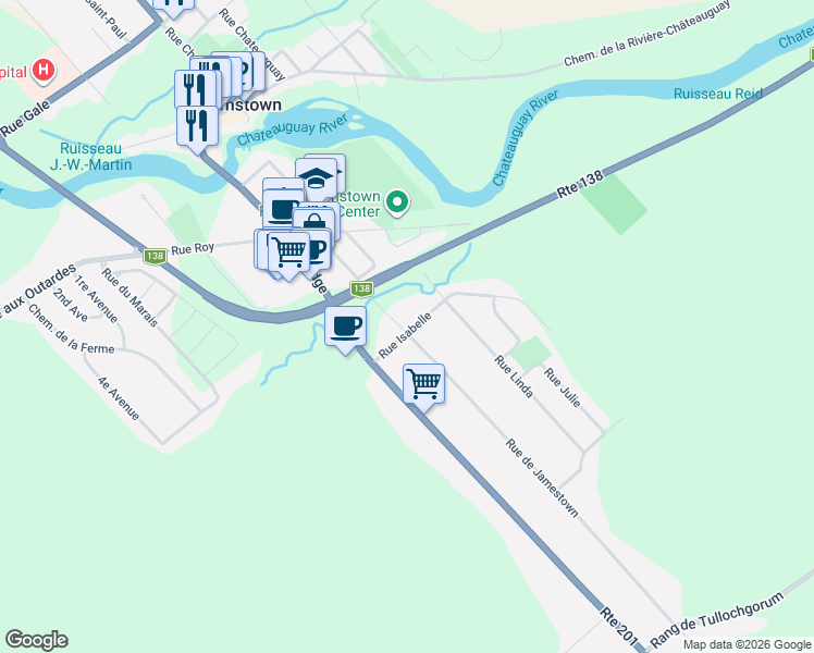 map of restaurants, bars, coffee shops, grocery stores, and more near 1409 Rue de Jamestown in Montérégie