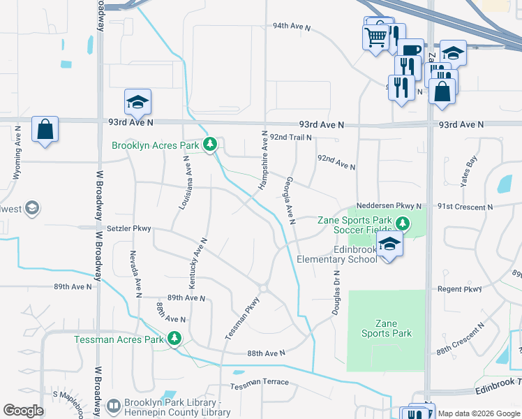 map of restaurants, bars, coffee shops, grocery stores, and more near 9100 Hampshire Avenue North in Minneapolis