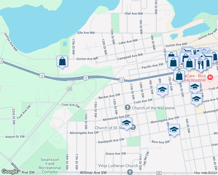 map of restaurants, bars, coffee shops, grocery stores, and more near 300 13th Street Southwest in Willmar