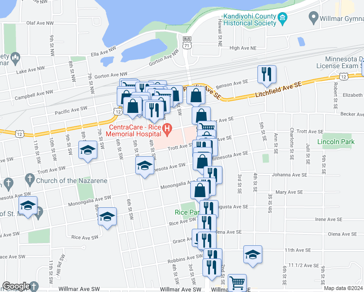 map of restaurants, bars, coffee shops, grocery stores, and more near 220 Trott Avenue Southwest in Willmar