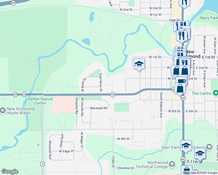 map of restaurants, bars, coffee shops, grocery stores, and more near 333 Odanah Avenue in New Richmond