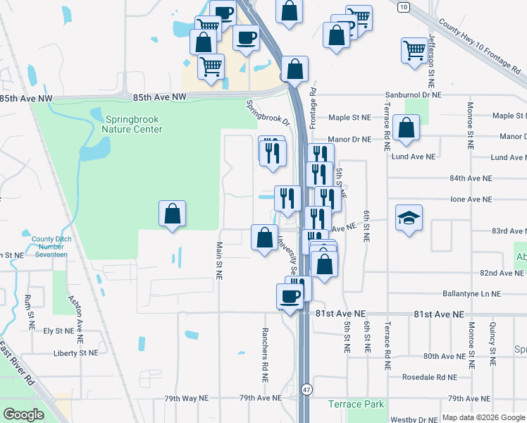 map of restaurants, bars, coffee shops, grocery stores, and more near 8310 University Avenue Northeast in Minneapolis