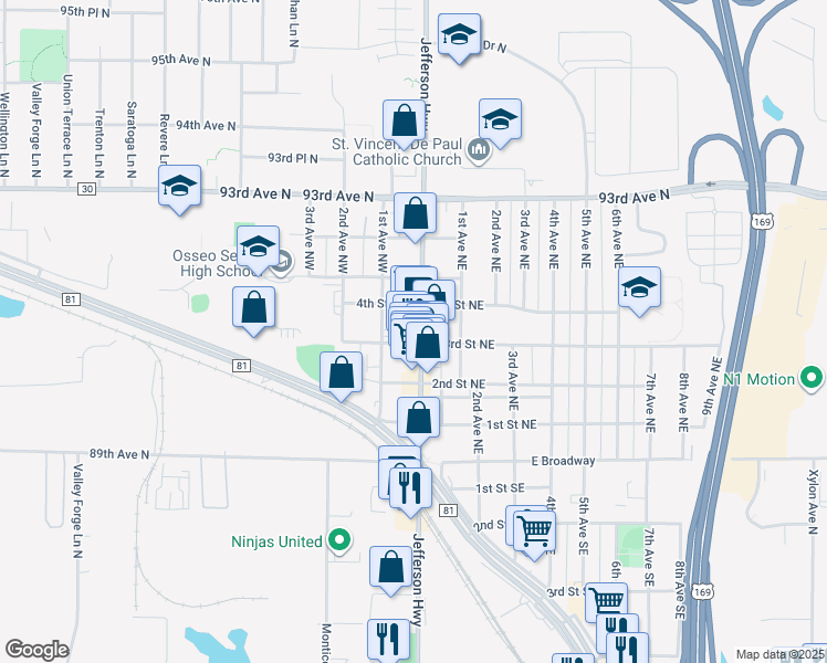 map of restaurants, bars, coffee shops, grocery stores, and more near 341 Central Avenue in Osseo
