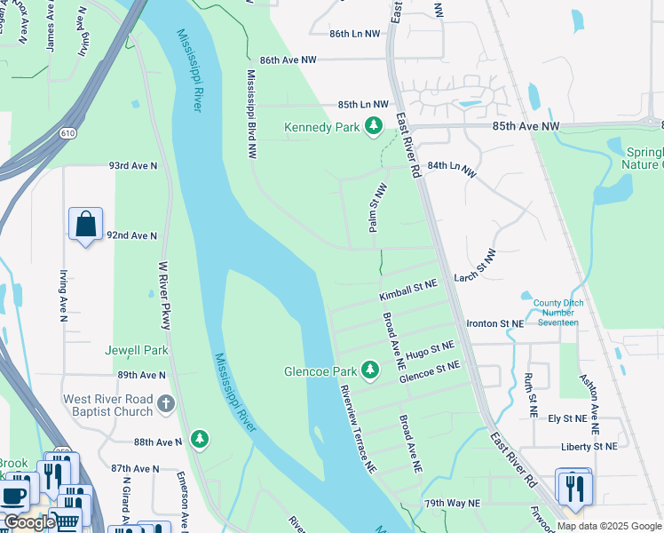 map of restaurants, bars, coffee shops, grocery stores, and more near 8312 Mississippi Boulevard Northwest in Coon Rapids