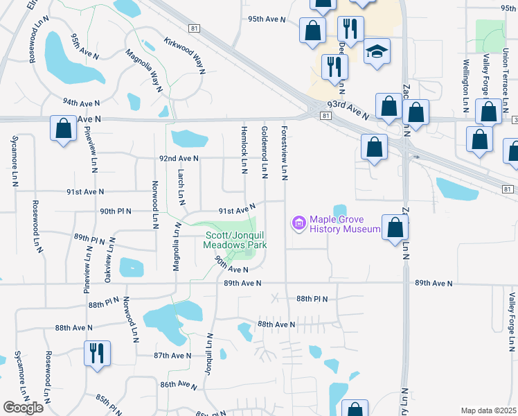 map of restaurants, bars, coffee shops, grocery stores, and more near 11821 91st Avenue North in Maple Grove