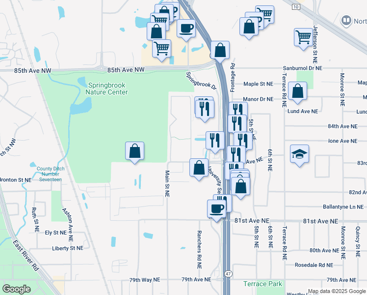 map of restaurants, bars, coffee shops, grocery stores, and more near 111 83rd Avenue Northeast in Fridley
