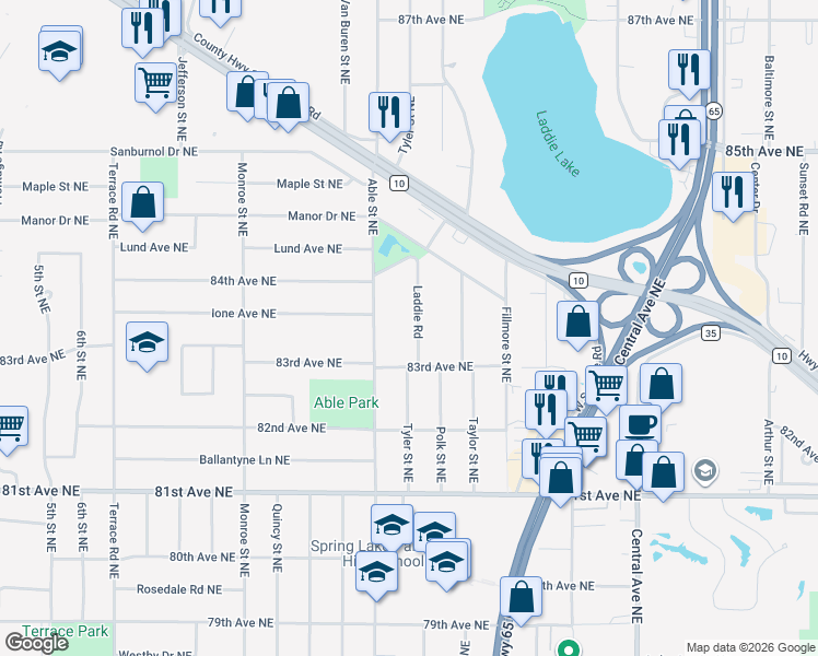 map of restaurants, bars, coffee shops, grocery stores, and more near 8353 Able Street Northeast in Minneapolis